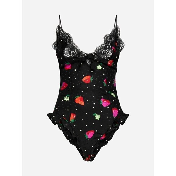 Alessandra Rich Strawberry Print Silk Jacquard Bodysuit in Black 42 New Womens - Picture 11 of 15